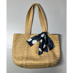 Draper James Woven Rattan Straw Shoulder Handbag Tote with Scarf Beach Vacation